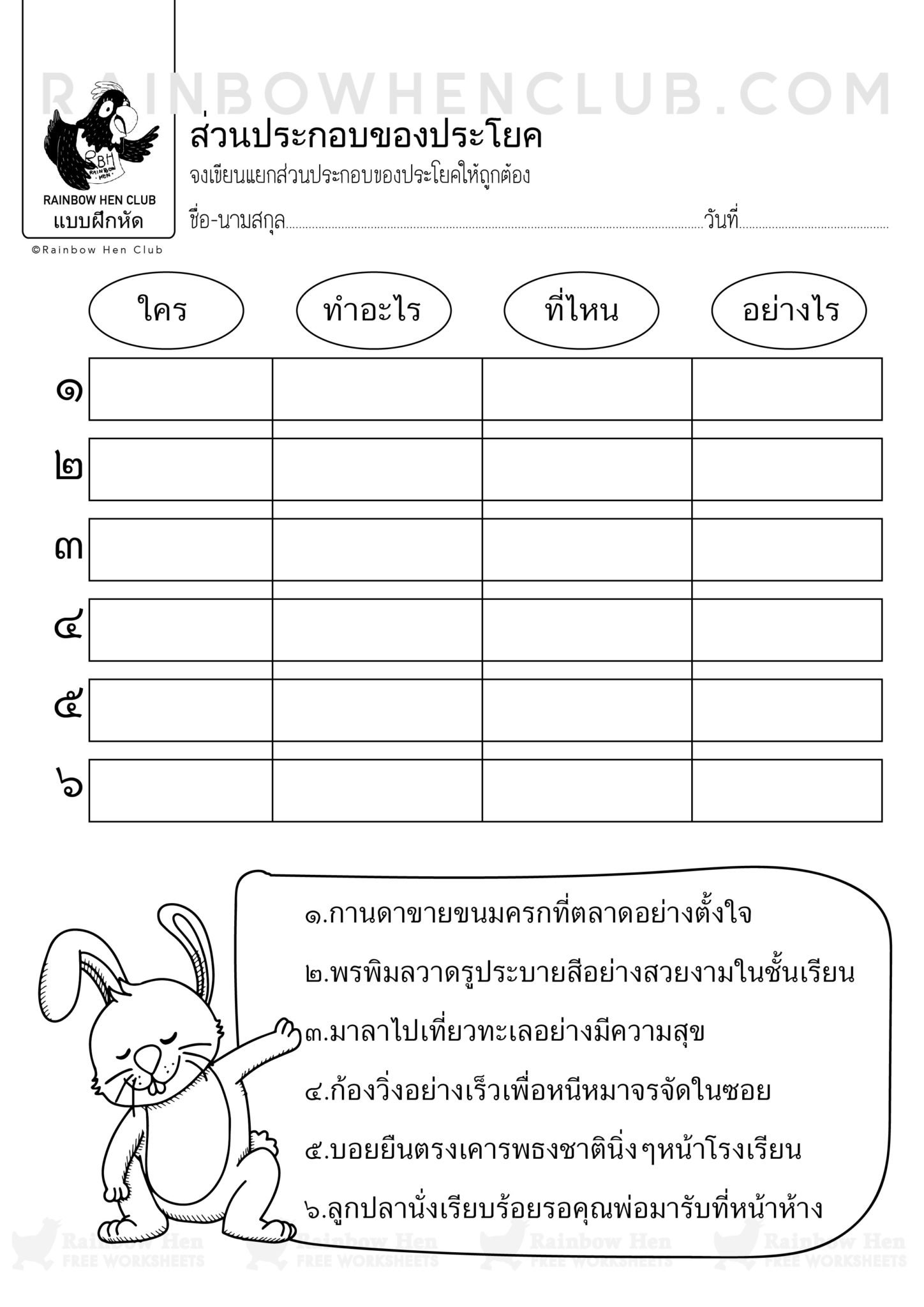 ส่วนประกอบของประโยค แบบฝึกหัด ภาษาไทย ประถม